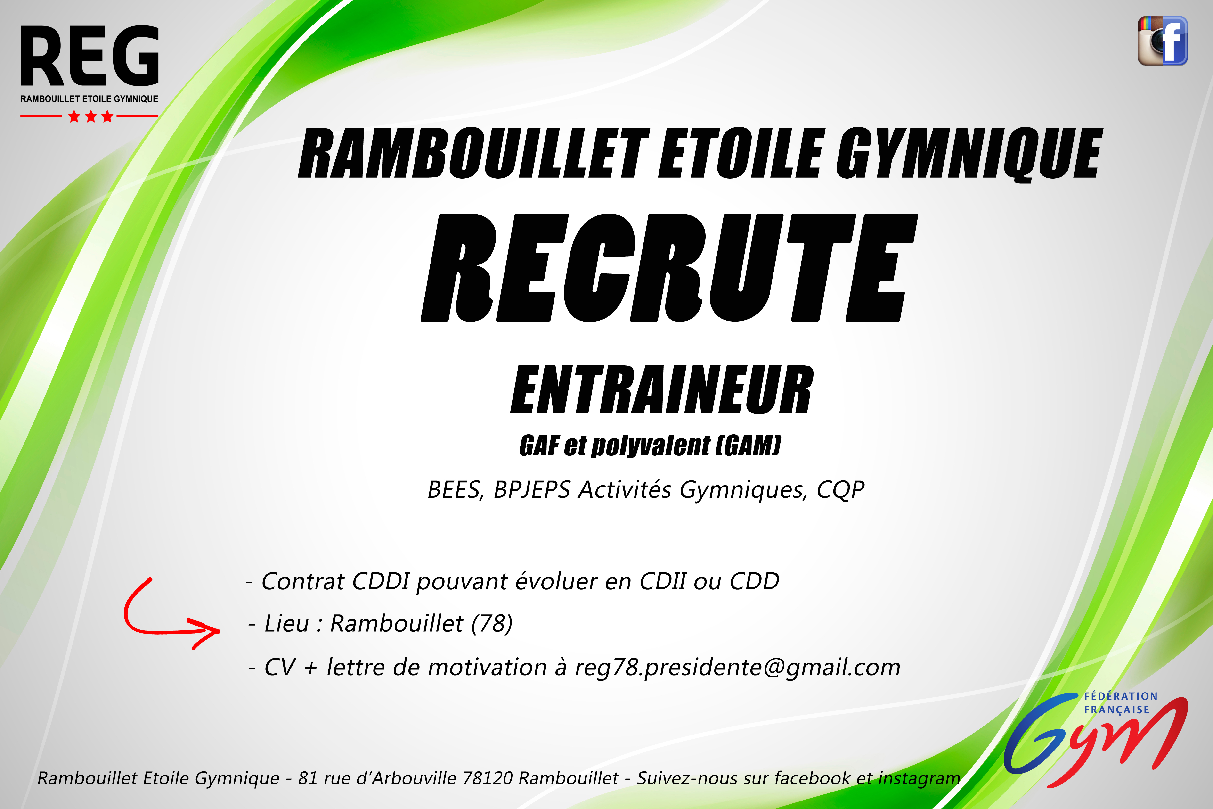 RAMBOUILLET ETOILE GYMNIQUE (78) recherche Entraîneur H/F Gymnastique Artistique - URGENT pour cette saison 2023-2024