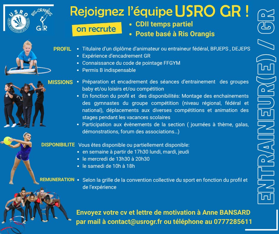 Le club US RIS ORANGIS GR (91) recherche un entraineur GR en CDII