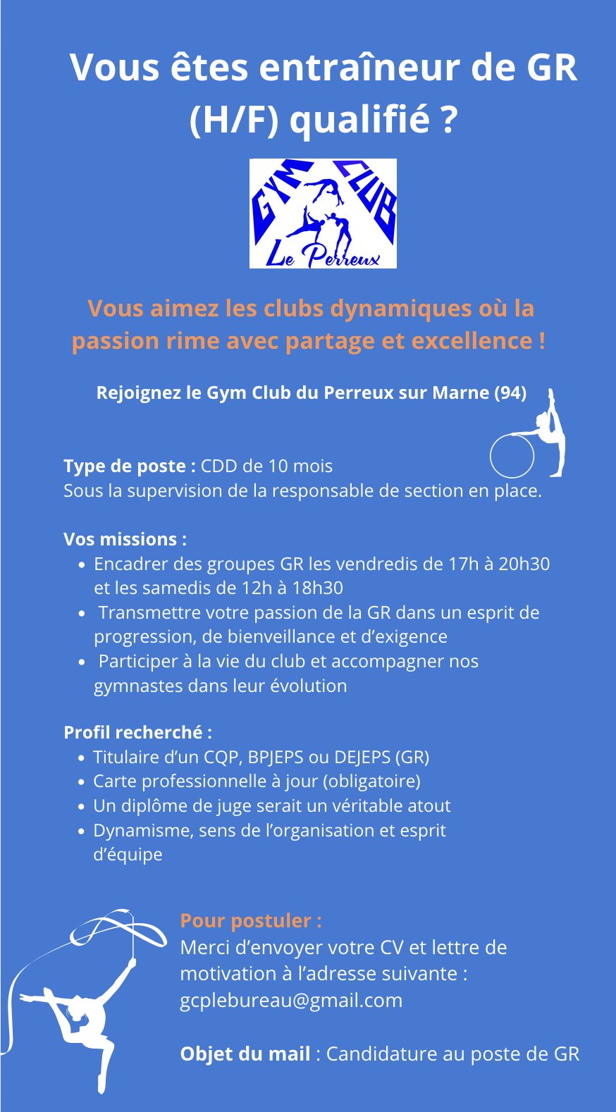 Le GYM CLUB du PERREUX (94) recherche un entraîneur (h/f) GR pour renforcer son équipe