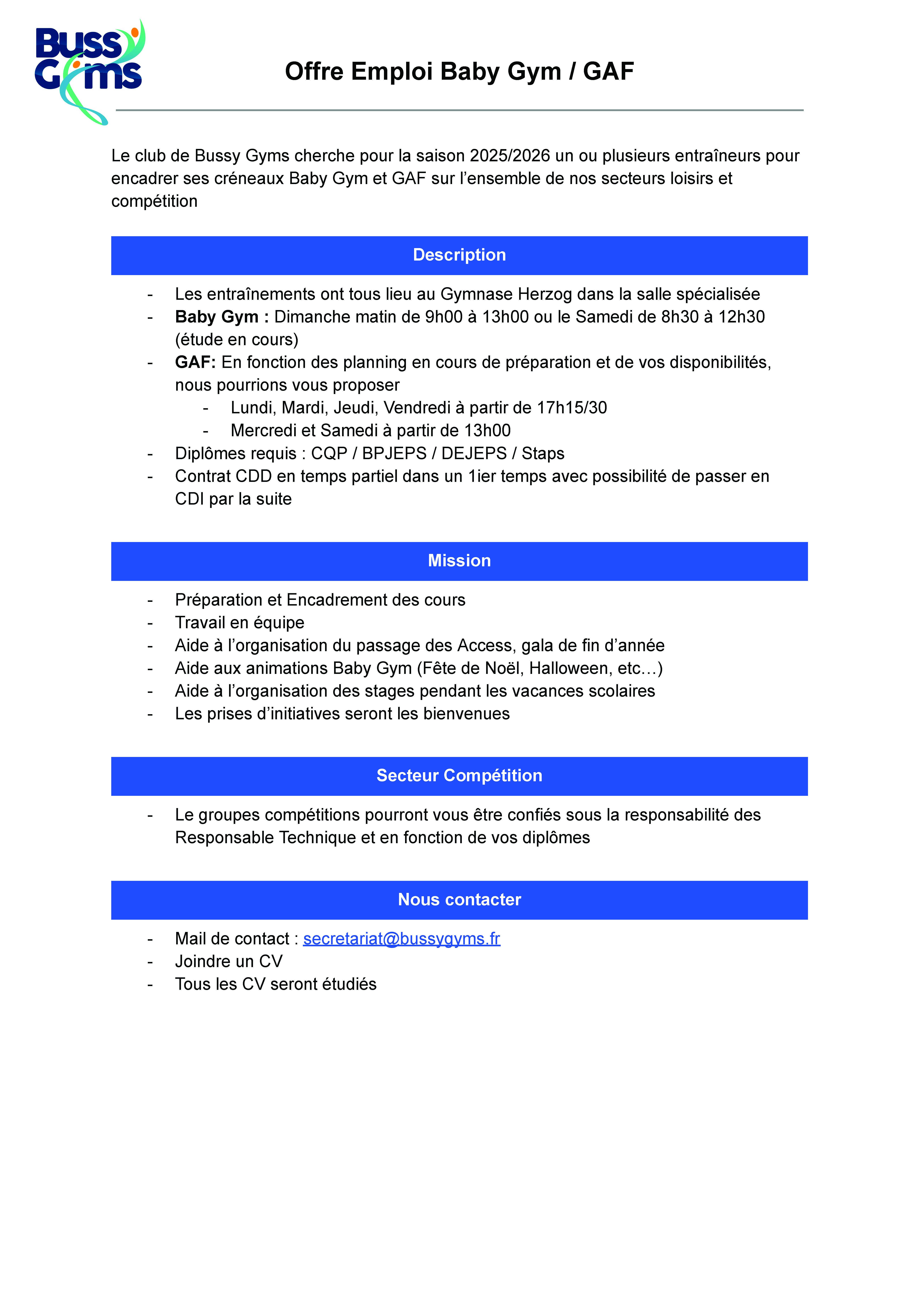 Le club Bussy Gym (77) recherche un ou plusieurs entraineurs Baby et GAF pour 25/26