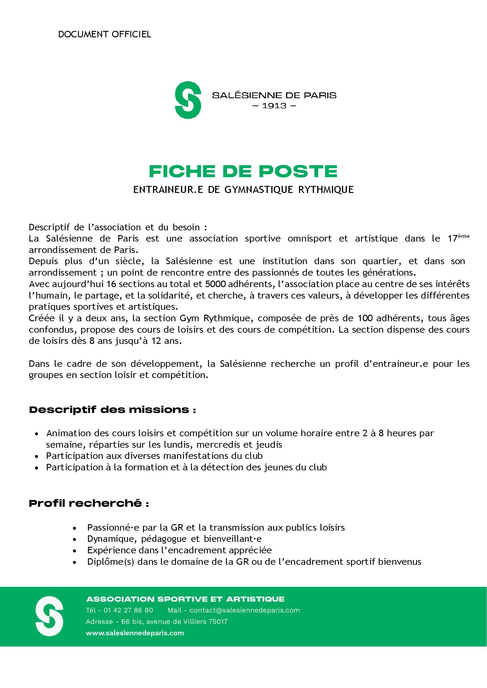 LA SALESIENNE de PARIS recherche un profil d’entraineur.e pour les groupes en section loisir et compétition