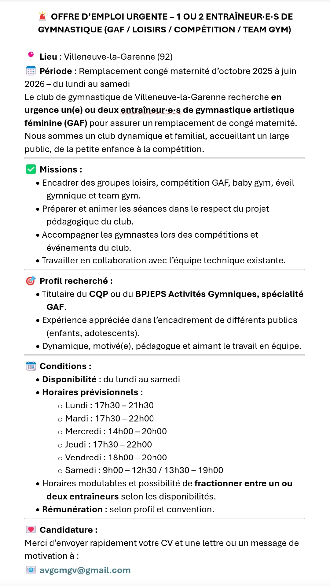 Le club de Gymnastique de Villeneuve la Garenne (92) est recherche d’un(e) ou de deux entraîneur(e)s GAF