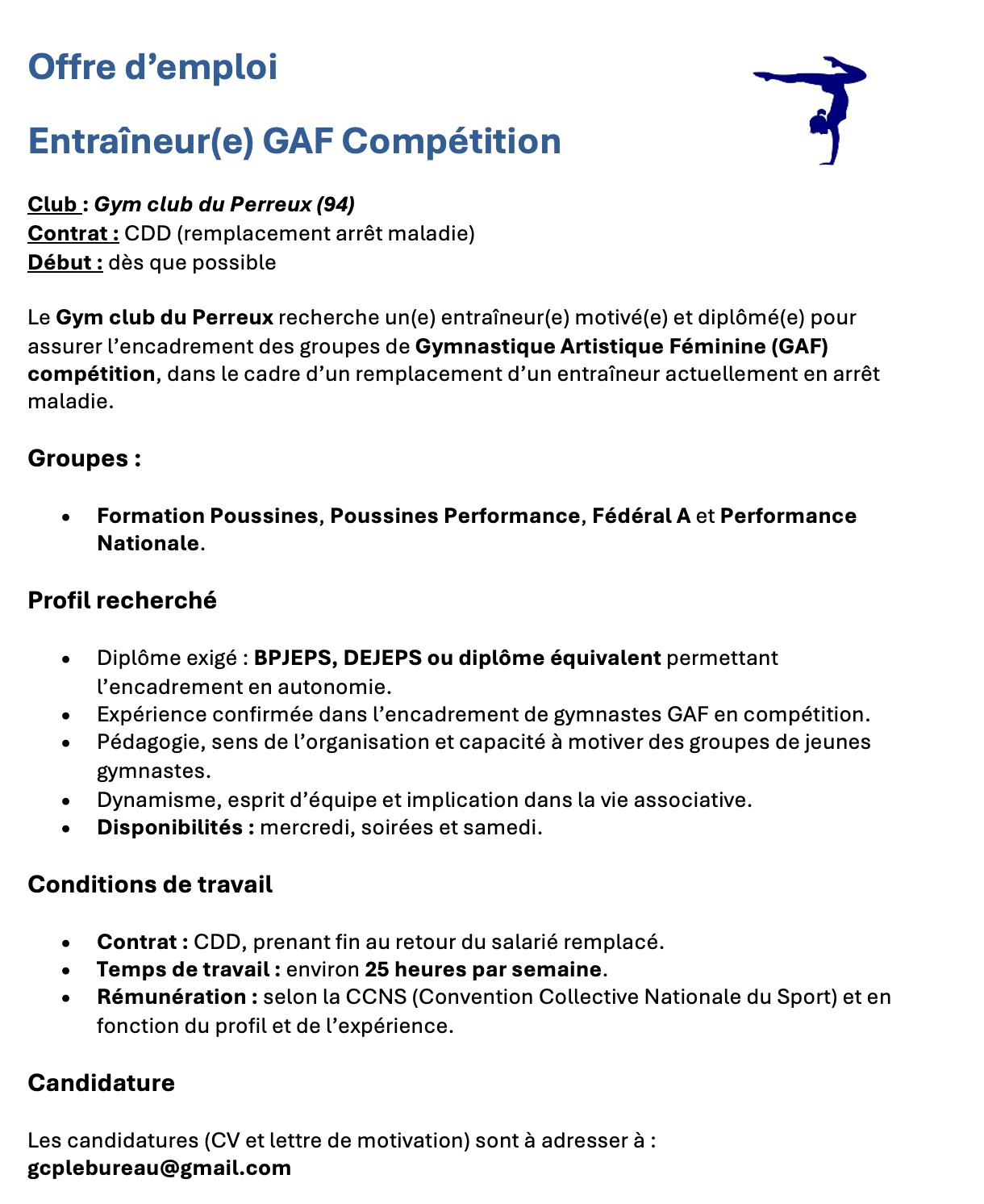 Le Gym Club du Perreux (94) recherche un entraîneur h/f GAF pour un remplacement temporaire