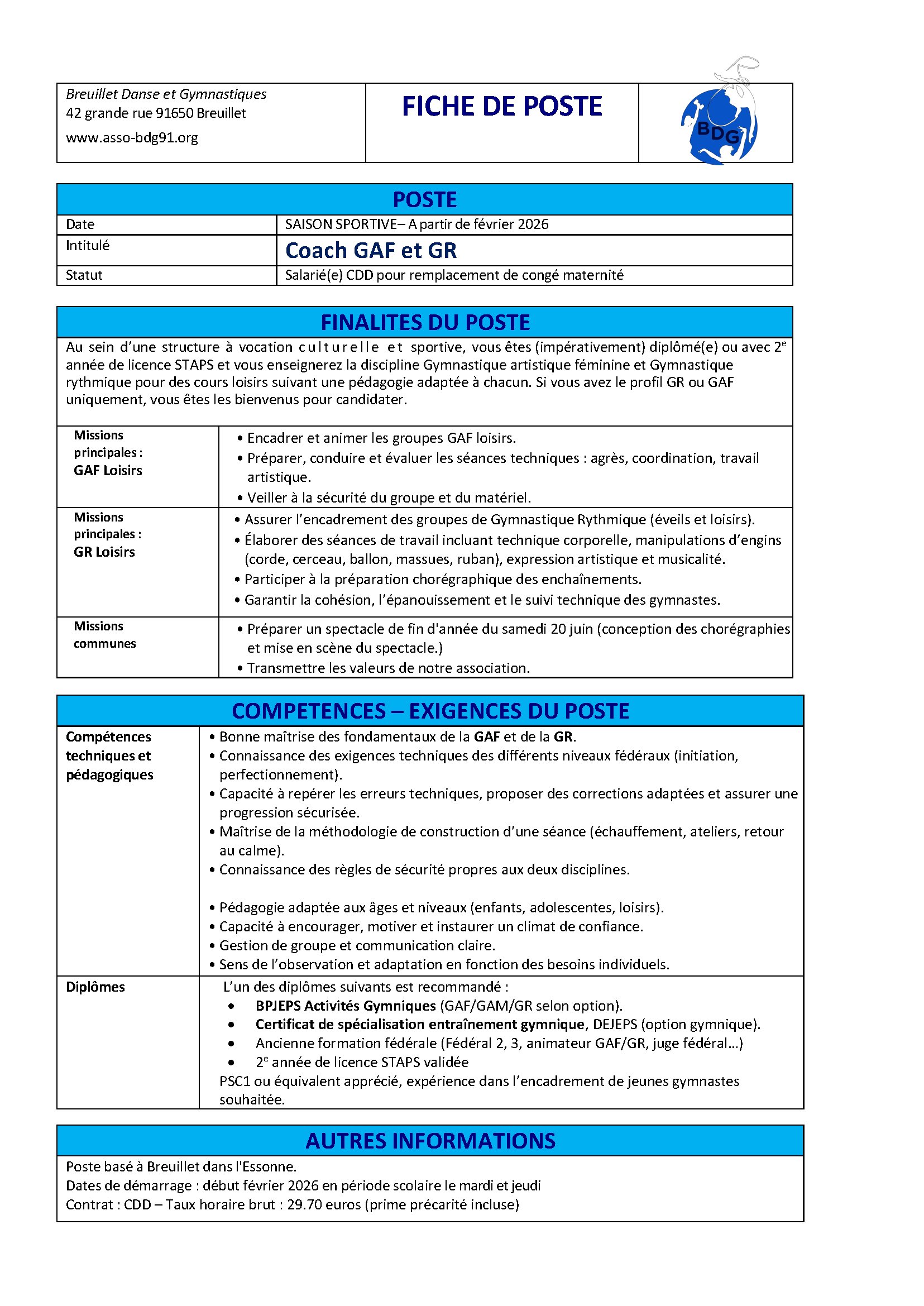 Breuillet Danse et Gymnastiques (91) recherche un/une entraîneur GAF et GR pour remplacement de congé maternité