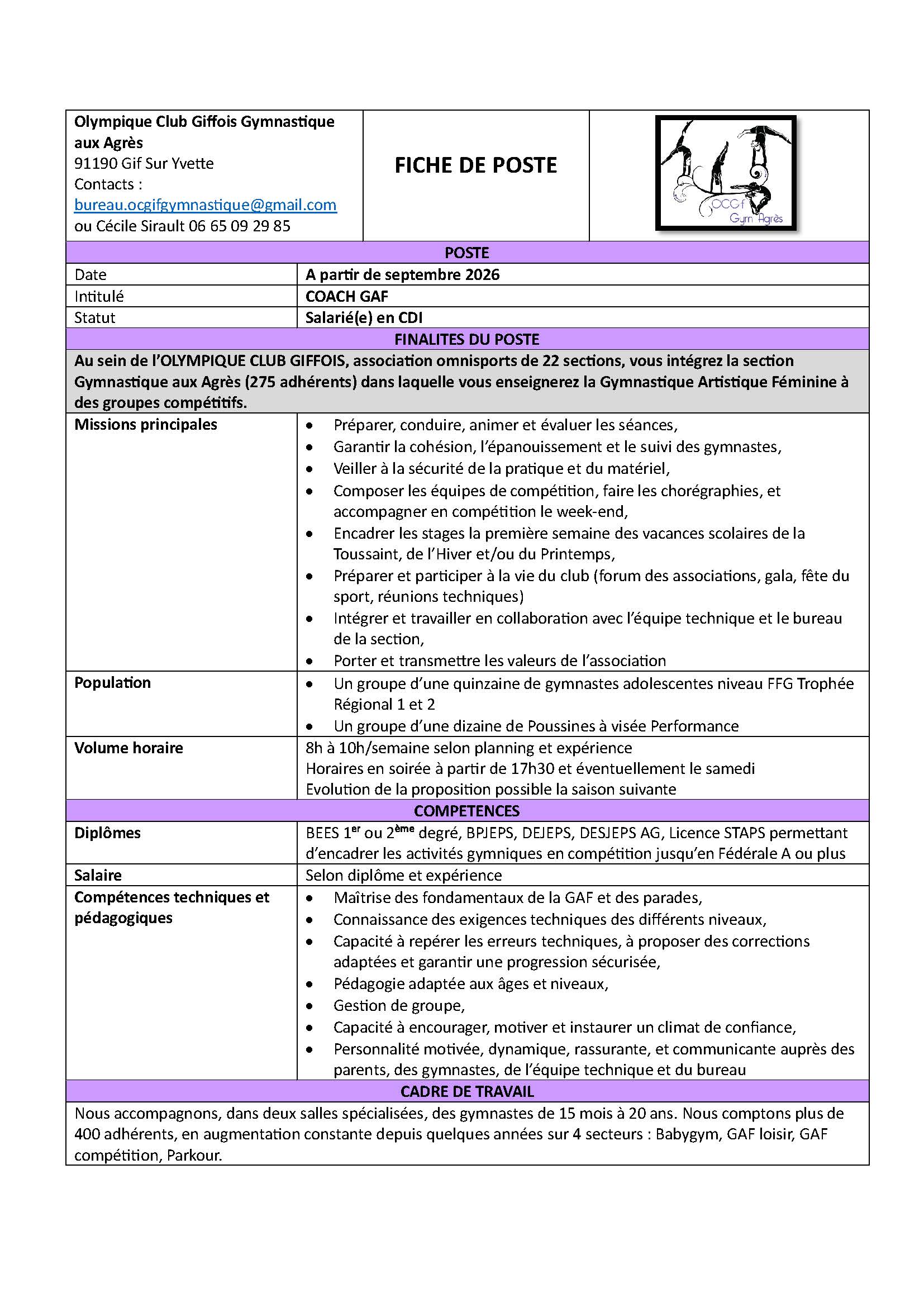 L’OLYMPIQUE CLUB GIFFOIS (91) recrute un/une coach GAF en CDI pour la rentrée de septembre 2026