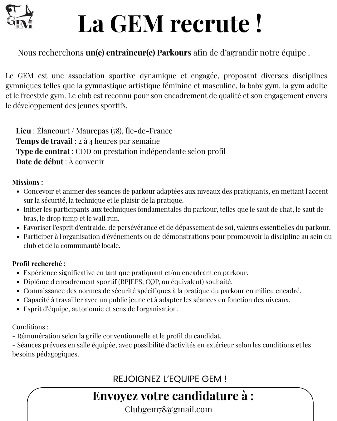 Le club GYMNASTIQUE ELANCOURT MAUREPAS (78) recrute un/une entraîneur(e) PK