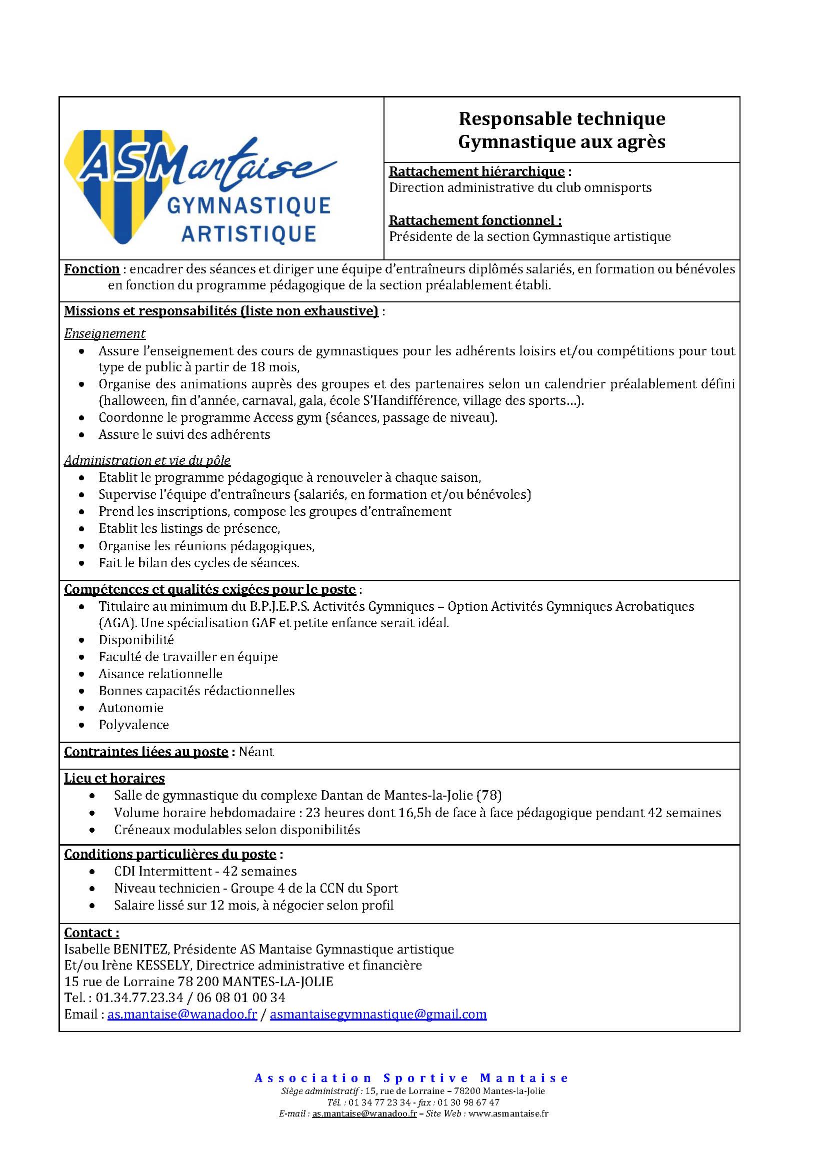 AS MANTAISE (78) recherche un/une responsable technique Gymnastique aux agrès
