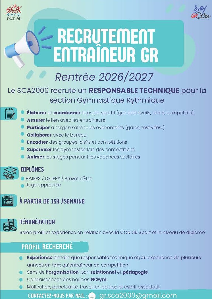 Le SCA 2000 Évry (91) recherche un(e) entraîneur(e) et responsable technique en gymnastique rythmique pour renforcer son équipe