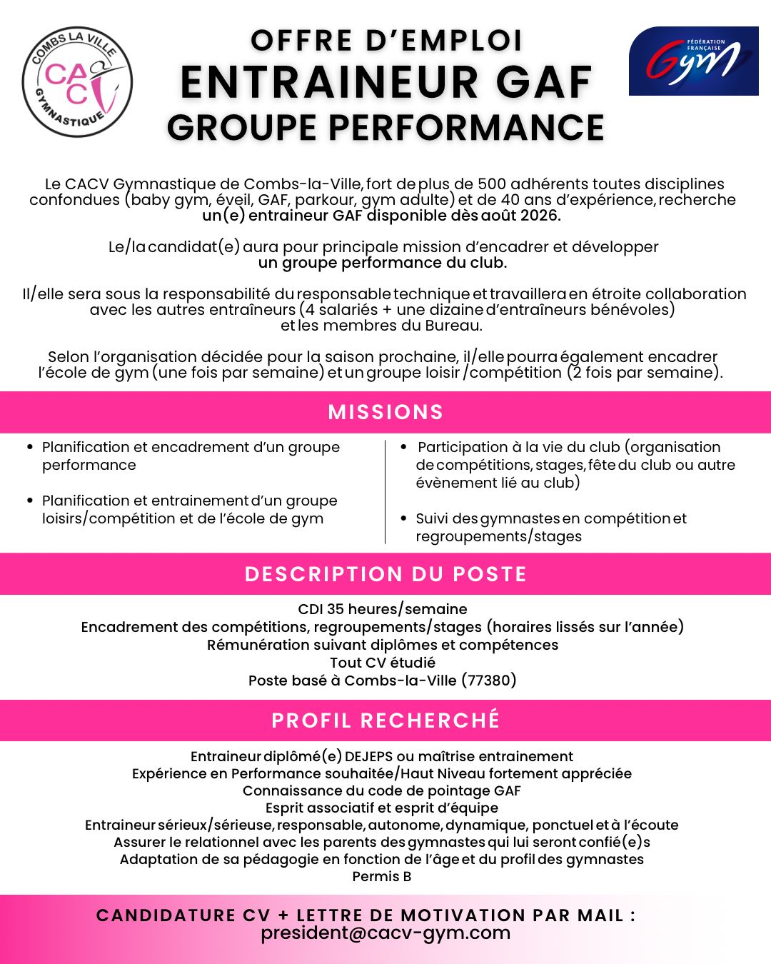 COMBS LA VILLE (77) recherche entraineur(e) pour groupe Performance - Août 2026
