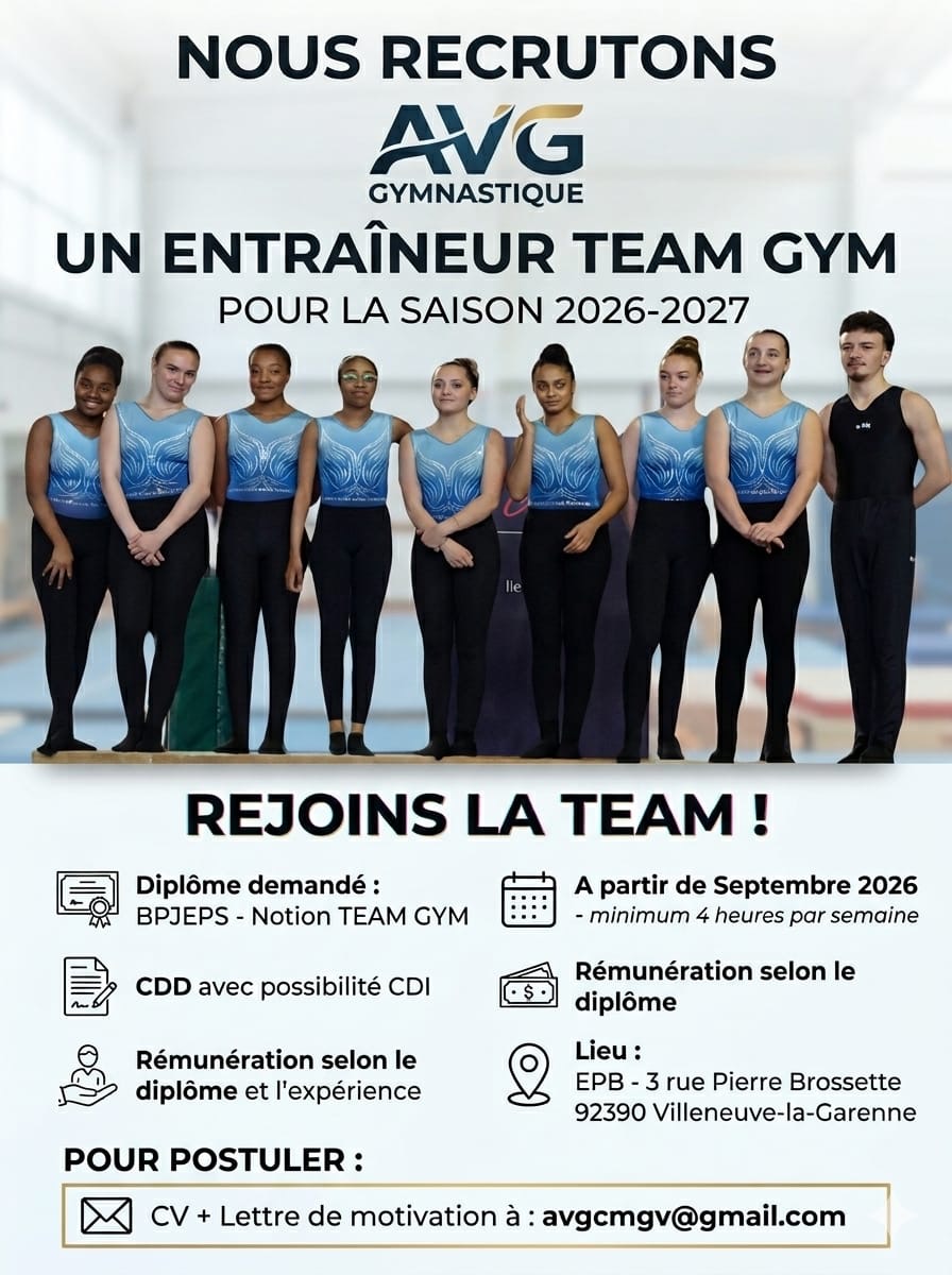 Le club de Villeneuve la Garenne (92) recherche un/e entraîneur/e TEAMGYM