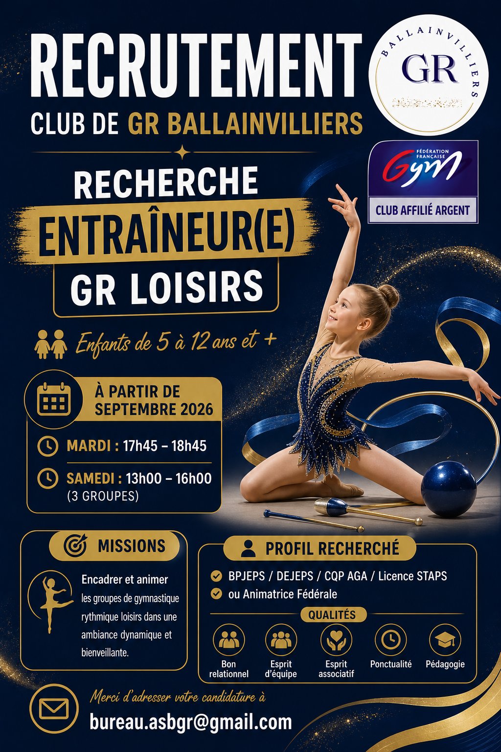 Le club de GR Ballainvilliers (91) recherche un entraîneur pour des groupes loisirs