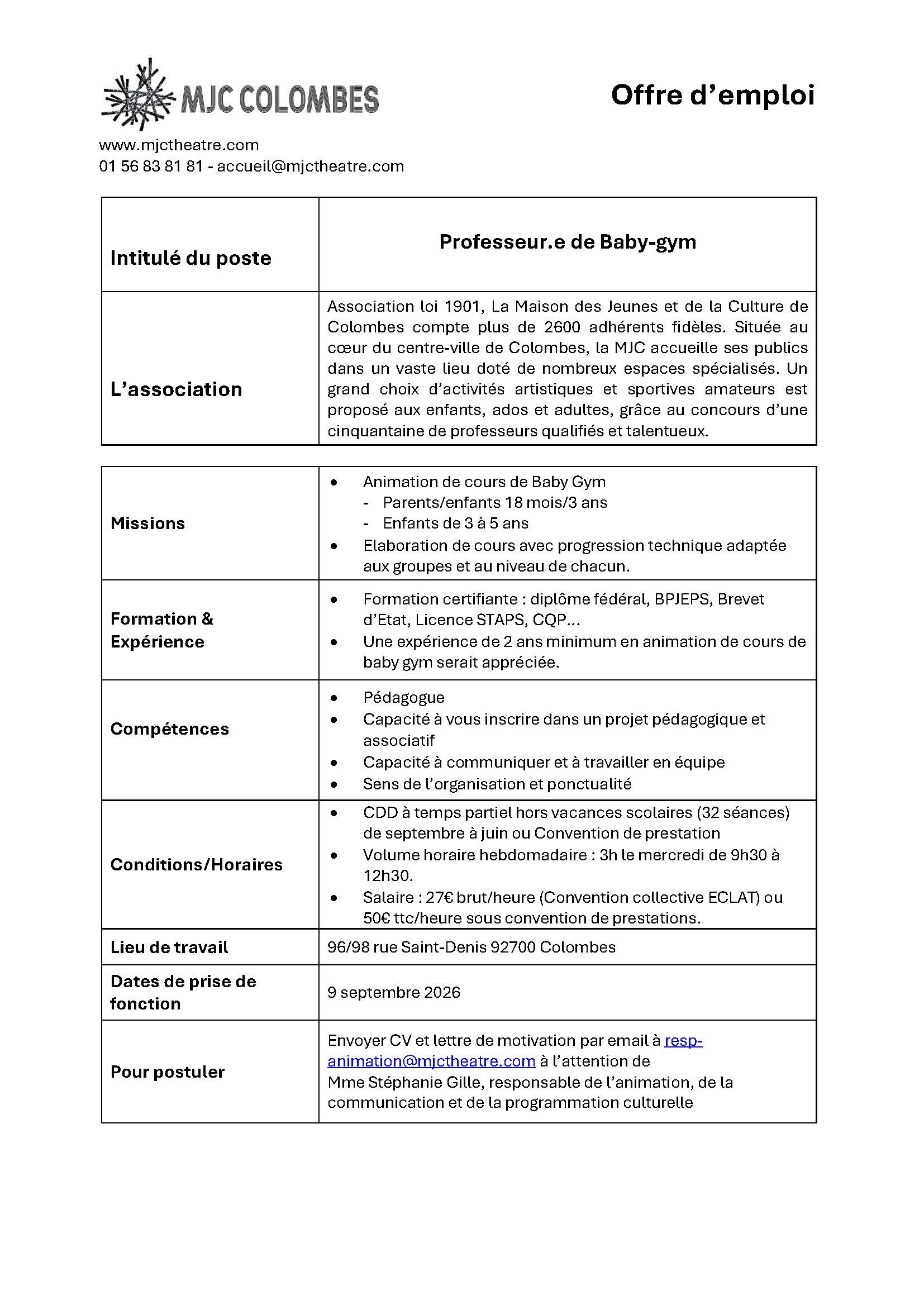La Maison des Jeunes et de la Culture de Colombes (92) recherche un animateur/une animatrice Baby gym