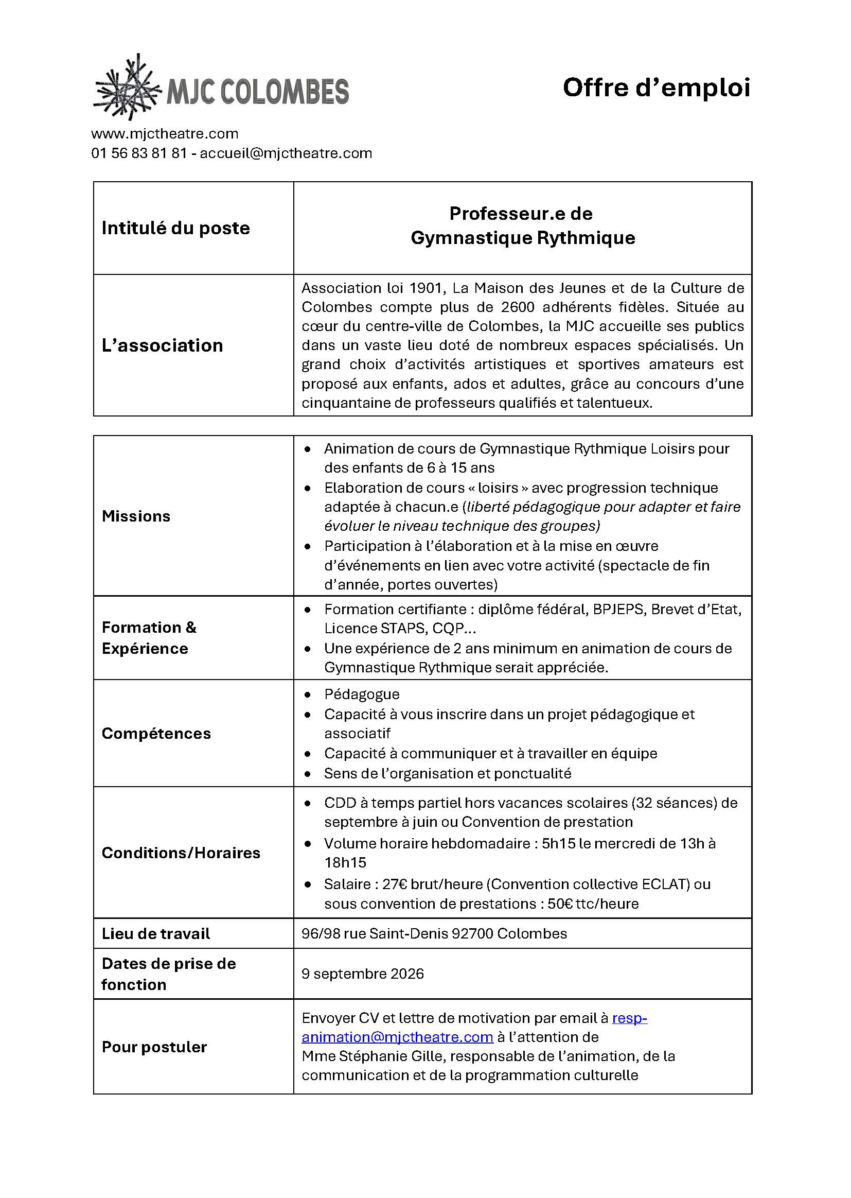 La Maison des Jeunes et de la Culture de Colombes (92) recherche un/une entraîneur.e GR