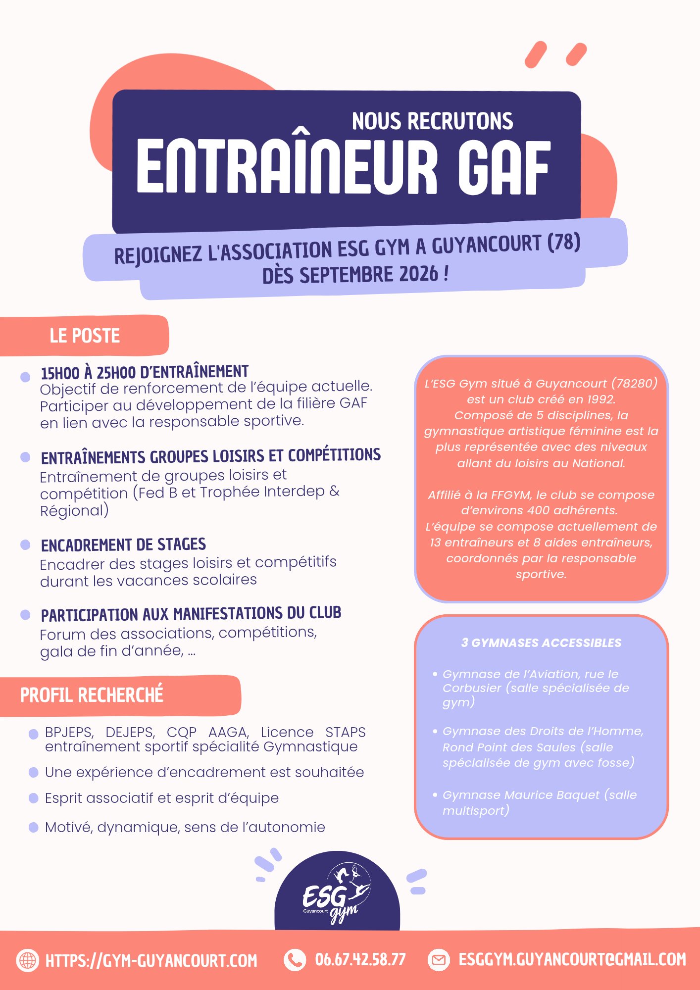 L'ESG GYM A GUYANCOURT (78) recrute un entraîneur GAF