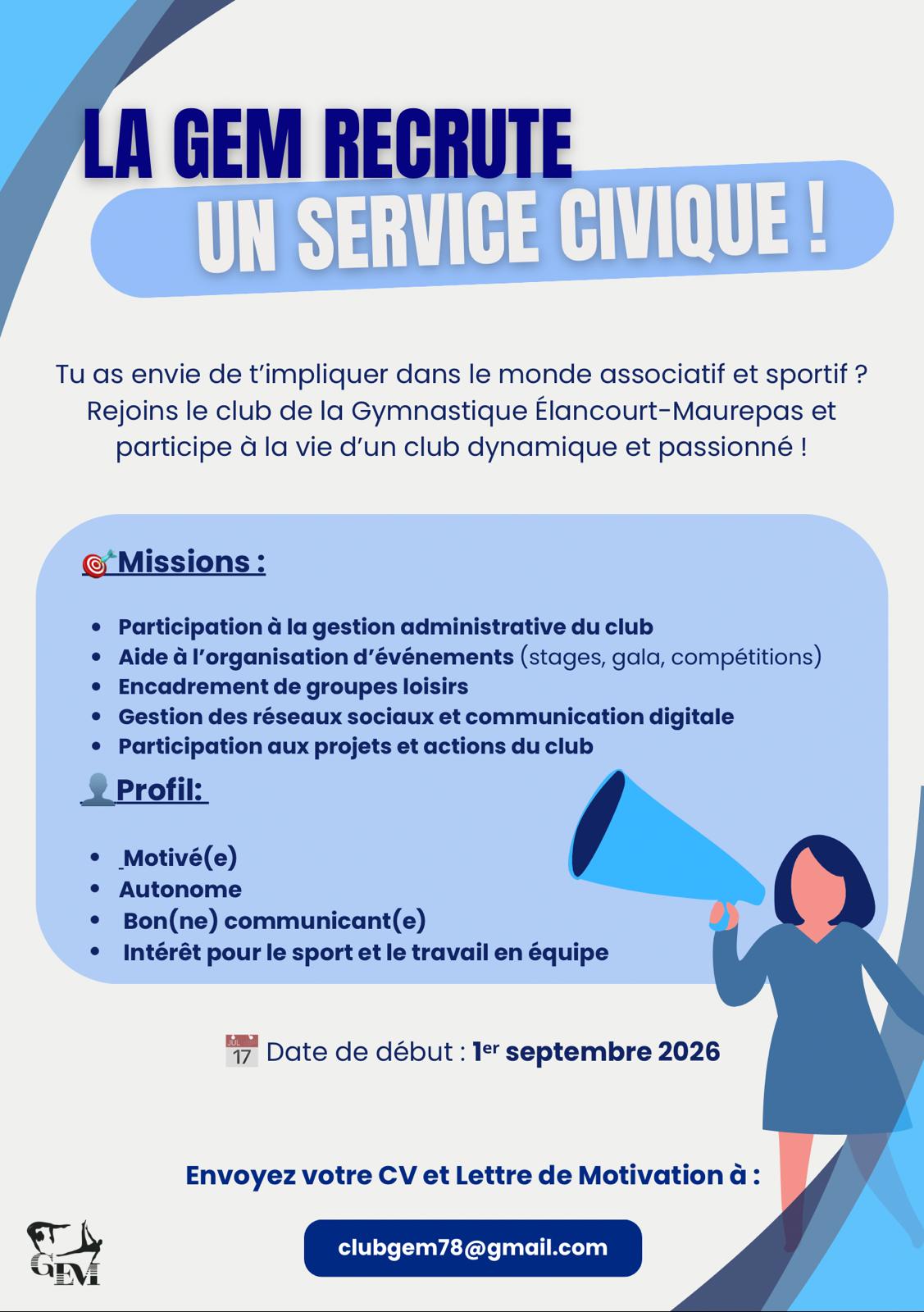 Le club GYMNASTIQUE ELANCOURT-MAUREPAS (78) recrute un(e) volontaire en Service Civique