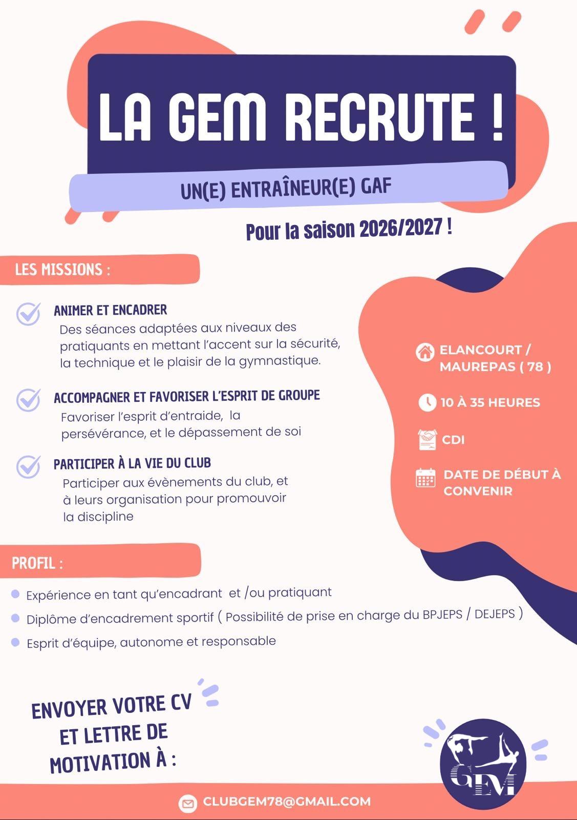 Le club GYMNASTIQUE ELANCOURT-MAUREPAS (78) recrute un(e) entraineur GAF