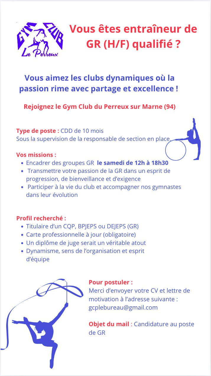 Le GYM CLUB DU PERREUX (94) recrute un entraîneur GR