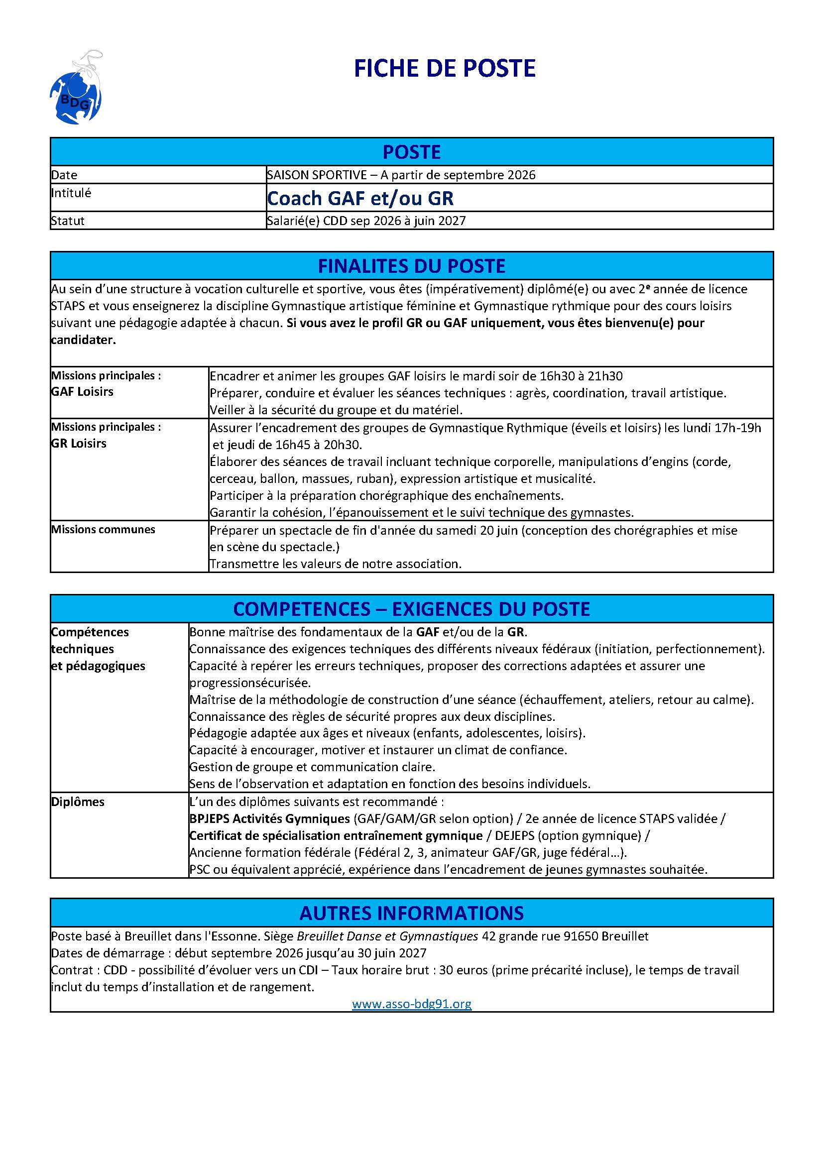 BREUILLET DANSE GYMNASTIQUE (91) recherche h/f pour encadrer des groupes loisirs GAF et/ou GR