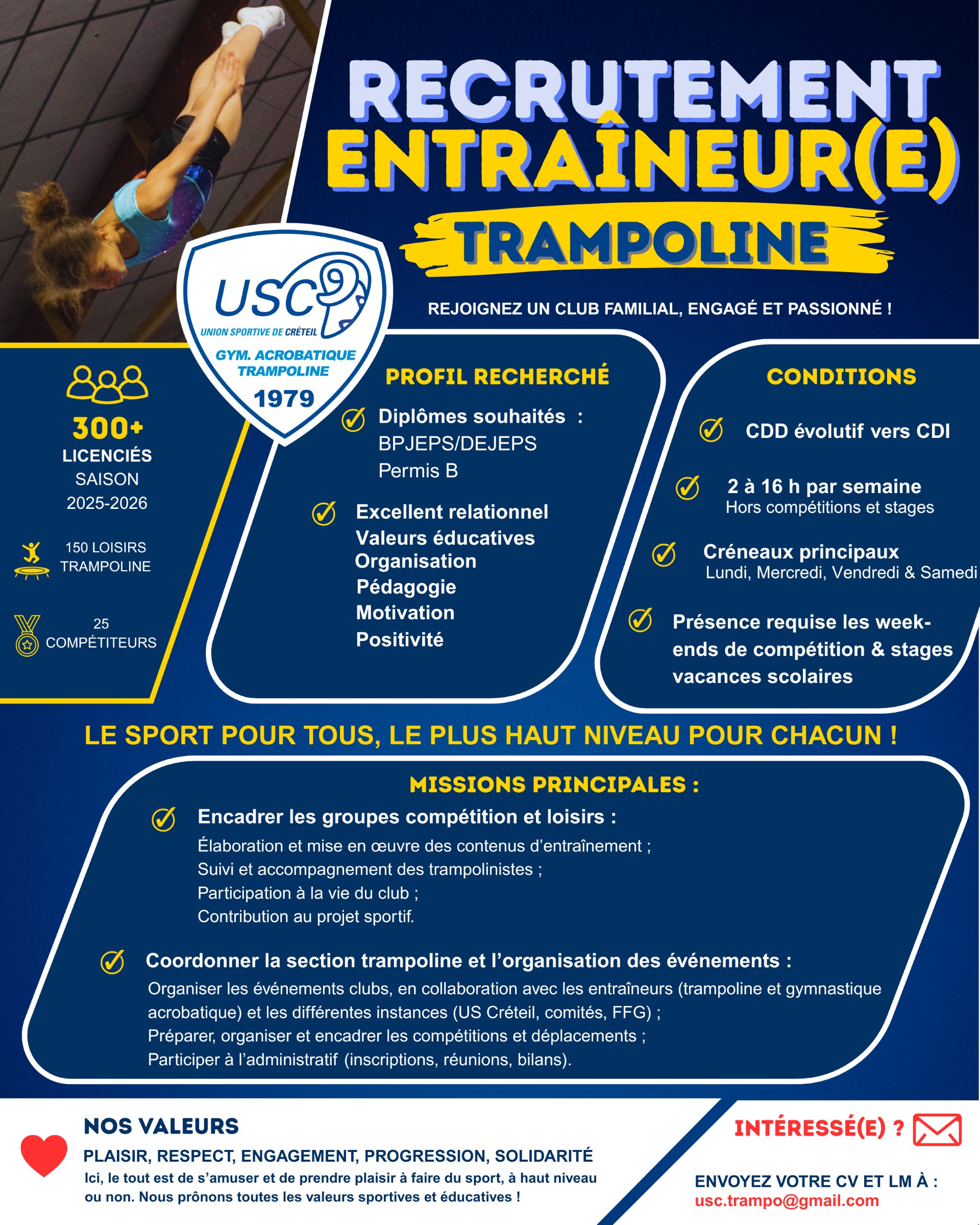 Le club de l'Union Sportive de Créteil (94) GAc/TR recherche un(e) entraîneur(e) investi(e) pour accompagner le développement du trampoline