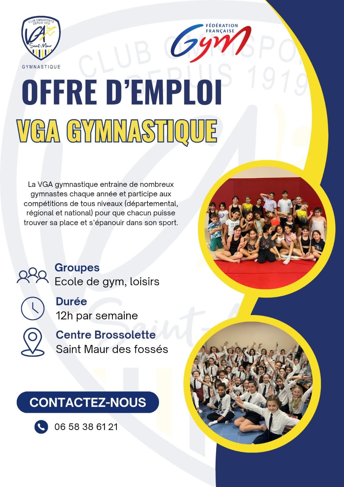Le club de la VGA ST MAUR GYMNASTIQUE (94) recherche un encadrant pour son école de gym et ses cours loisir 