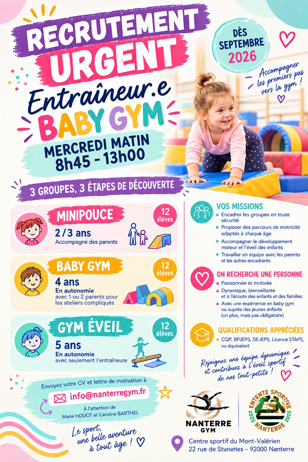Le club de l'ENTENTE SPORTIVE DE NANTERRE (92) recherche d'urgence un animateur BABYGYM